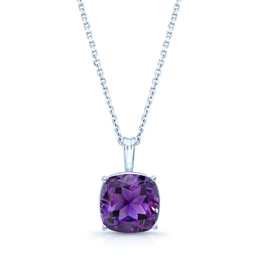 Amethyst Cushion Solitaire Pendant In 14k White Gold (18-in Curb Chain)