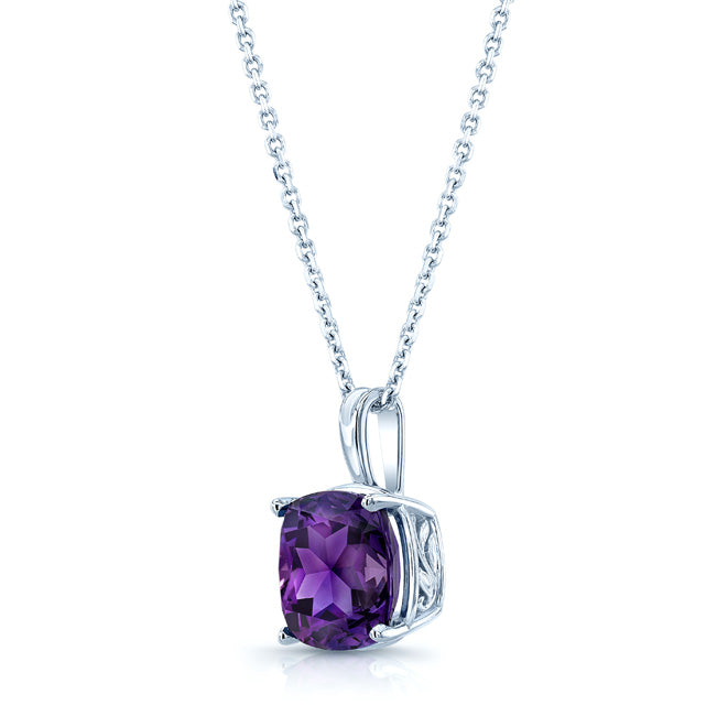 Amethyst Cushion Solitaire Pendant In 14k White Gold (18-in Curb Chain)