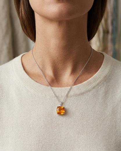 Cushion Citrine Solitaire Pendant In 14k White Gold (12mm) — editorial close-up