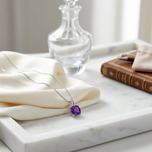 Amethyst Cushion Solitaire Pendant In 14k White Gold 18-in Baby Box Ch — atelier still life