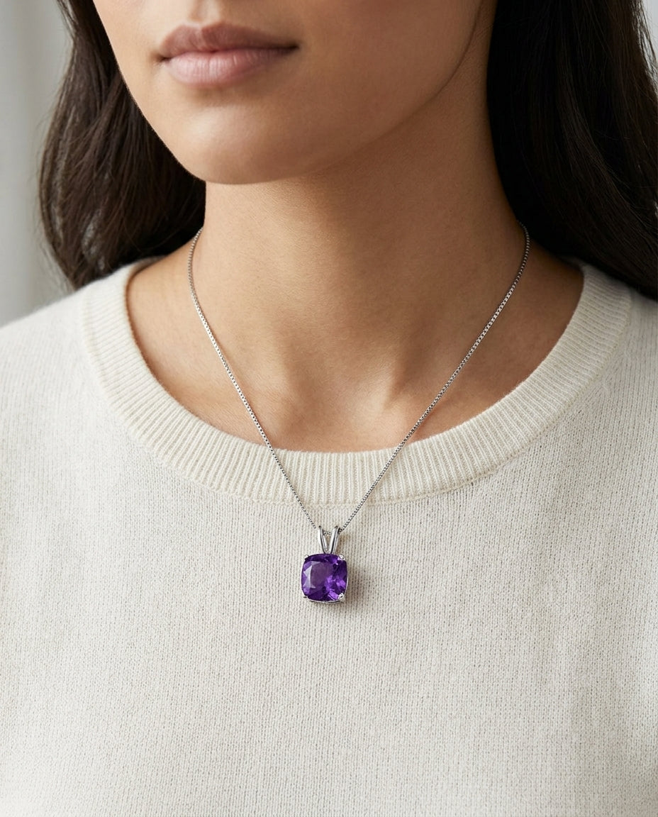 Amethyst Cushion Solitaire Pendant In 14k White Gold 18-in Baby Box Ch — editorial close-up