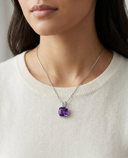 Amethyst Cushion Solitaire Pendant In 14k White Gold 18-in Baby Box Ch — editorial close-up