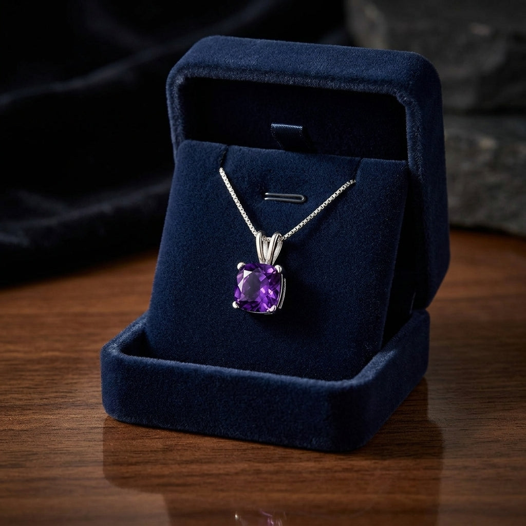 Amethyst Cushion Solitaire Pendant In 14k White Gold 18-in Baby Box Ch — gift presentation
