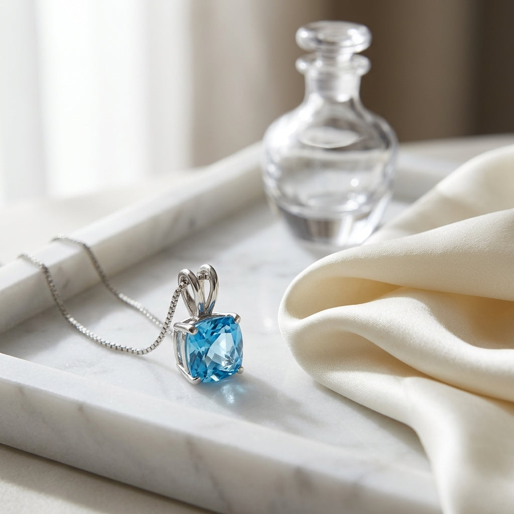 Blue Topaz Cushion Pendant In 14k White Gold — atelier still life