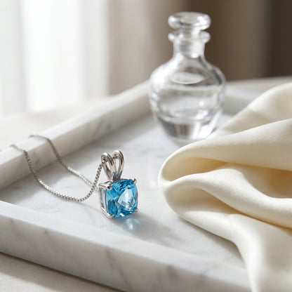 Blue Topaz Cushion Pendant In 14k White Gold — atelier still life