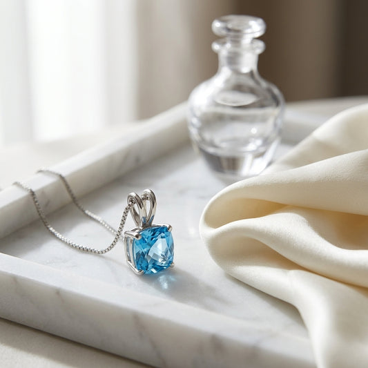 Blue Topaz Cushion Pendant In 14k White Gold — atelier still life