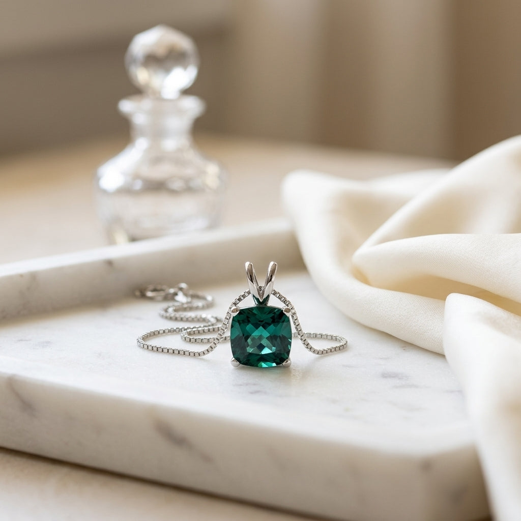 Created Emerald Cushion Solitaire Pendant In 14k White Gold 18-in Baby Box Ch — atelier still life