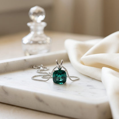 Created Emerald Cushion Solitaire Pendant In 14k White Gold 18-in Baby Box Ch — atelier still life