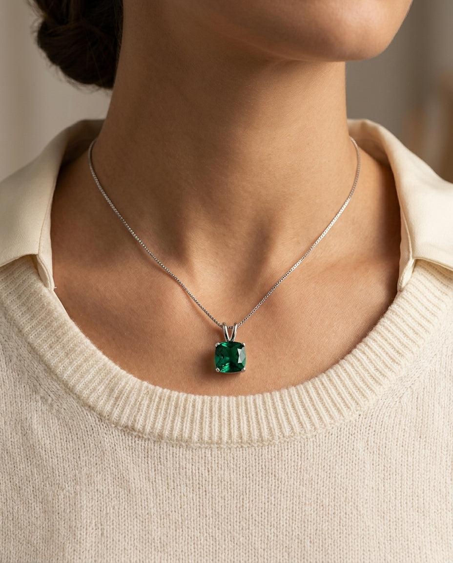 Created Emerald Cushion Solitaire Pendant In 14k White Gold 18-in Baby Box Ch — editorial close-up