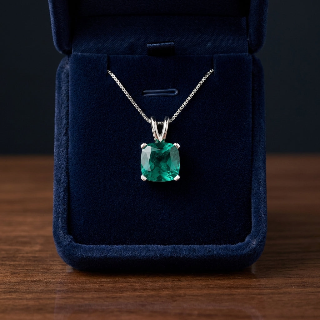 Created Emerald Cushion Solitaire Pendant In 14k White Gold 18-in Baby Box Ch — gift presentation