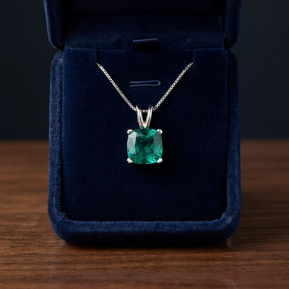 Created Emerald Cushion Solitaire Pendant In 14k White Gold 18-in Baby Box Ch — gift presentation