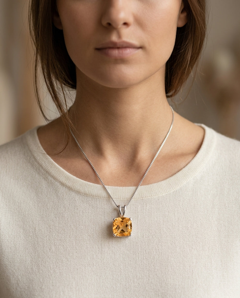 Citrine Cushion Pendant In 14k White Gold — editorial close-up
