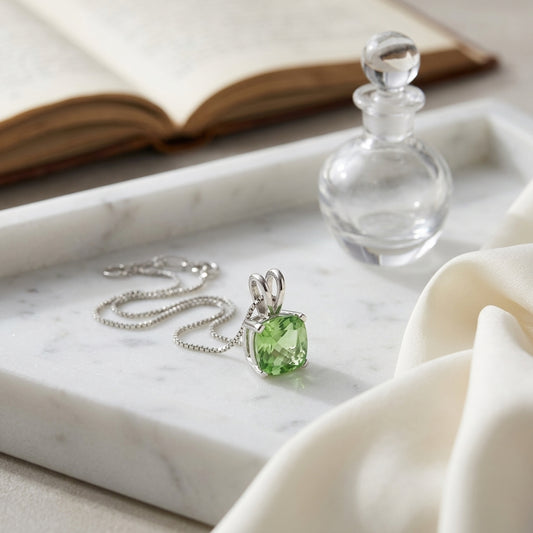 Peridot Cushion Solitaire Pendant In 14k White Gold 18-in Baby Box Ch — atelier still life