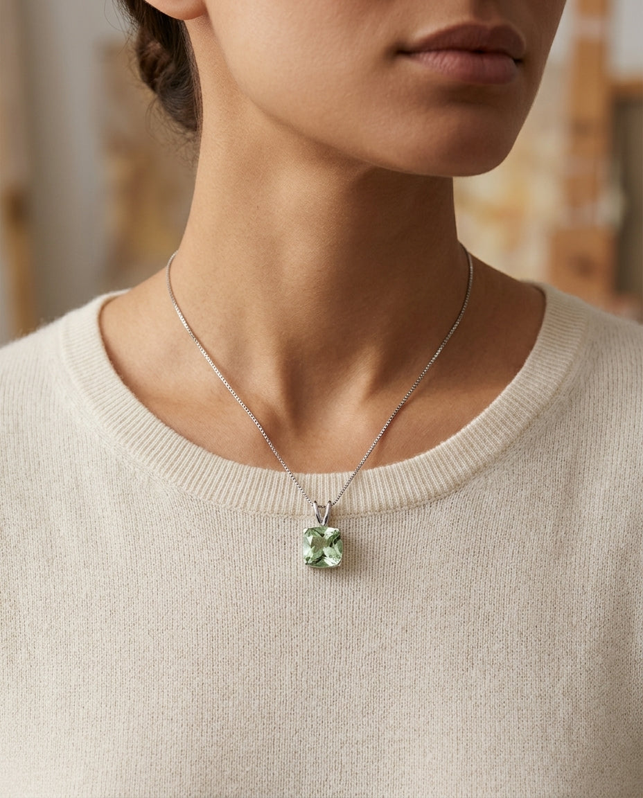 Peridot Cushion Solitaire Pendant In 14k White Gold 18-in Baby Box Ch — editorial close-up