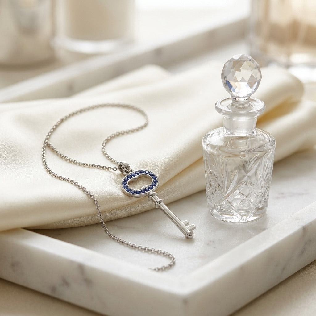 Sapphire Petite Key Pendant in 14k White Gold — marble silk