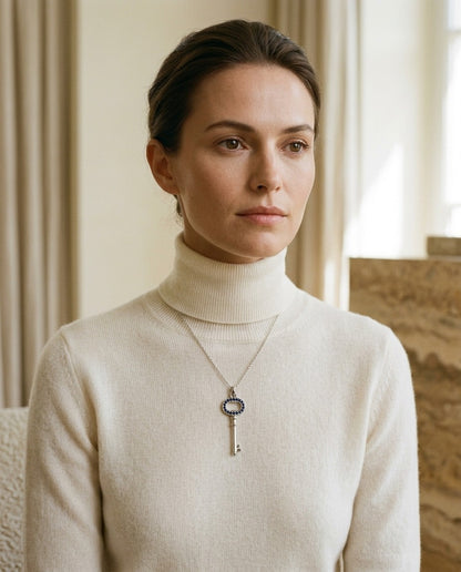 Sapphire Petite Key Pendant in 14k White Gold — portrait close