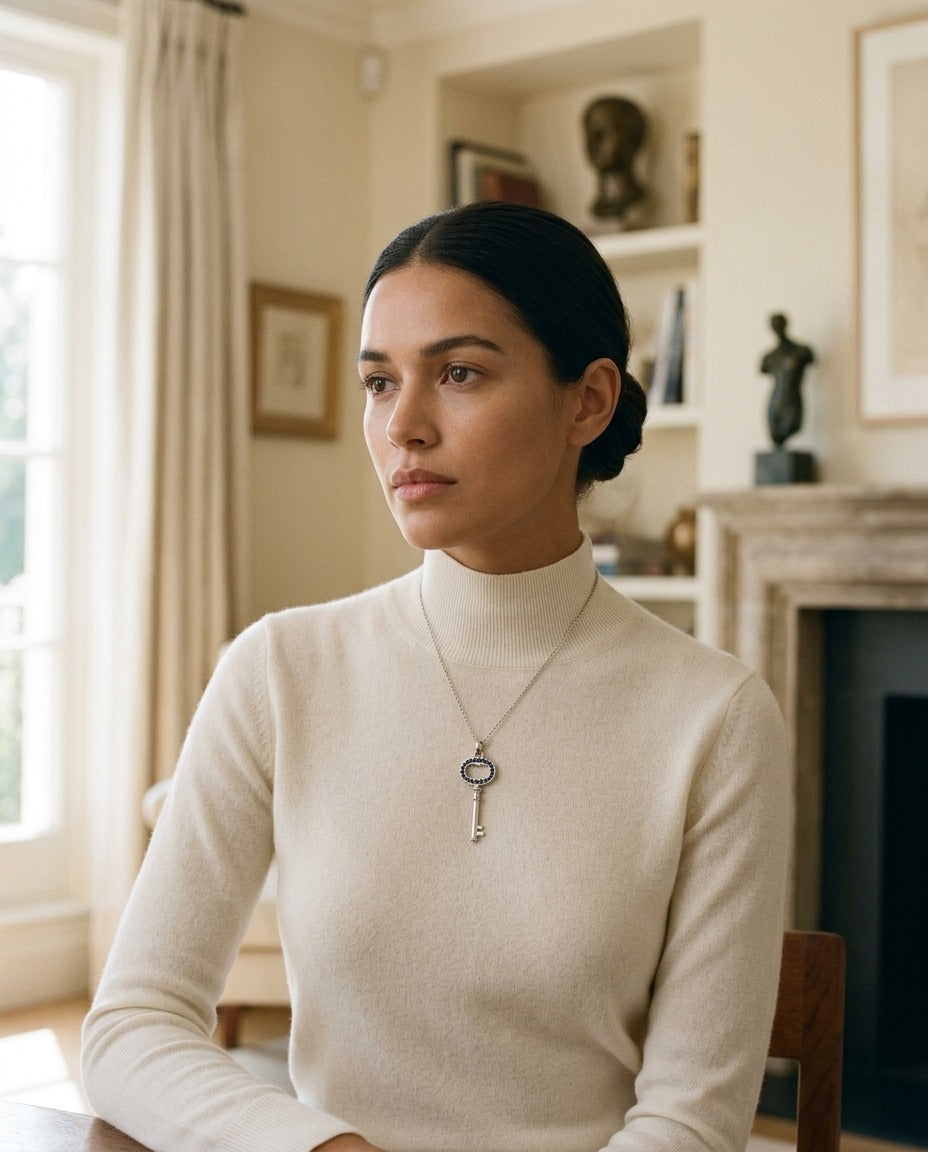 Sapphire Petite Key Pendant in 14k White Gold — portrait full