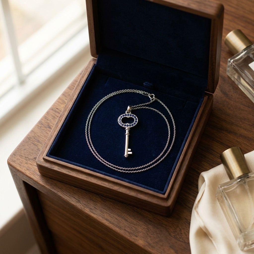 Sapphire Petite Key Pendant in 14k White Gold — velvet box