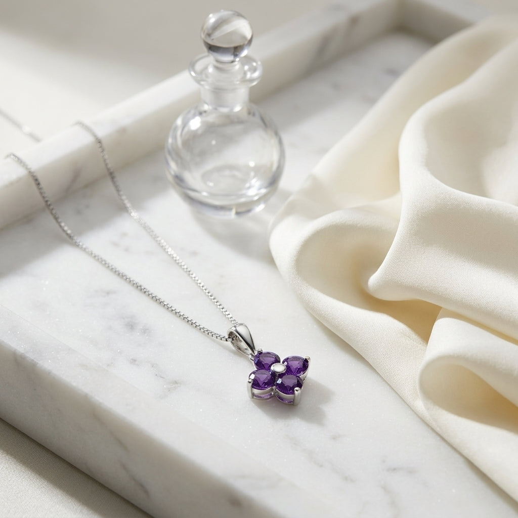 Amethyst Flower Pendant In 14k White Gold 17 In Box Chain — atelier still life