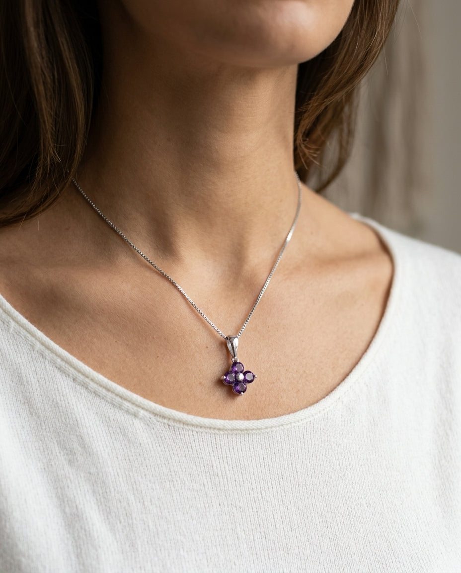 Amethyst Flower Pendant In 14k White Gold 17 In Box Chain — editorial close-up