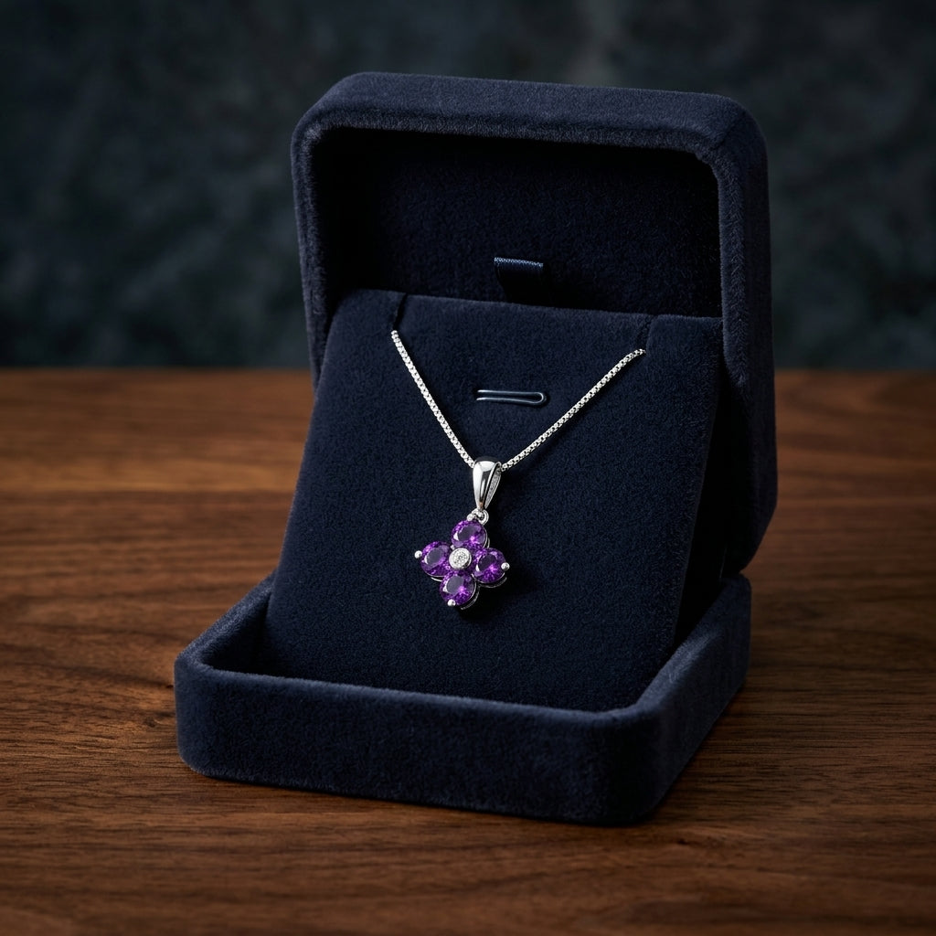 Amethyst Flower Pendant In 14k White Gold 17 In Box Chain — gift presentation
