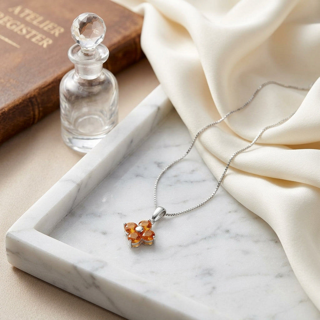 Citrine Flower Dangle Pendant In 14k White Gold (17-in Box Chain) — atelier still life