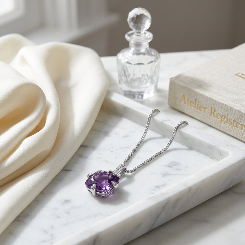 Amethyst And Diamond Pendant With Studded Prongs In 14k White Gold — atelier still life