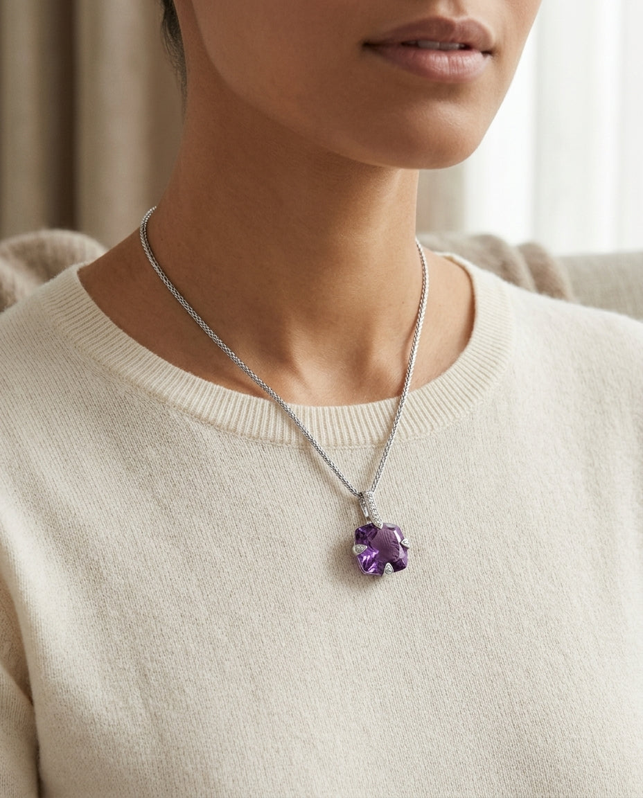 Amethyst And Diamond Pendant With Studded Prongs In 14k White Gold — editorial close-up