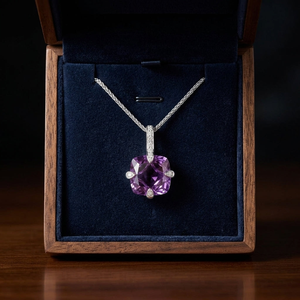 Amethyst And Diamond Pendant With Studded Prongs In 14k White Gold — gift presentation