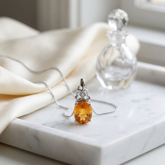 14k White Gold 11x9mm Oval Citrine & Diamond Pendant — atelier still life