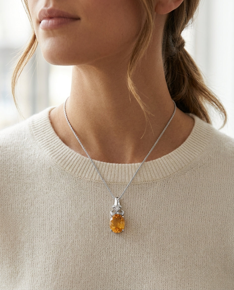 14k White Gold 11x9mm Oval Citrine & Diamond Pendant — editorial close-up