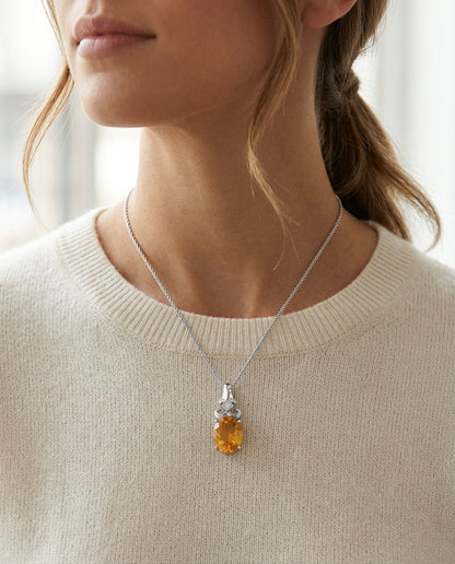 14k White Gold 11x9mm Oval Citrine & Diamond Pendant — editorial close-up