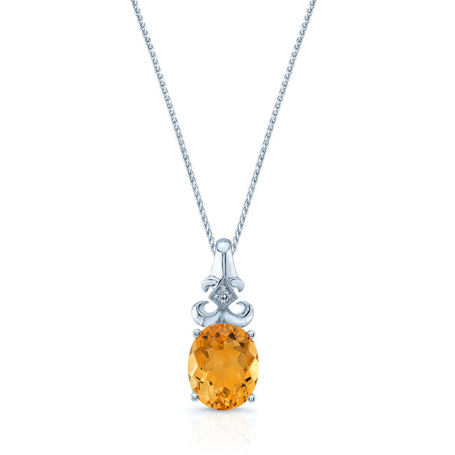 14k White Gold 11x9mm Oval Citrine & Diamond Pendant