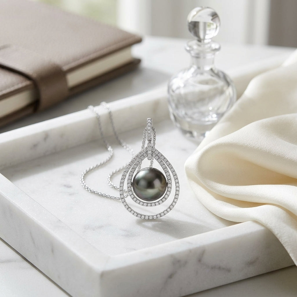 Black Tahitian Pearl & Diamond Pendant In 14k White Gold — atelier still life
