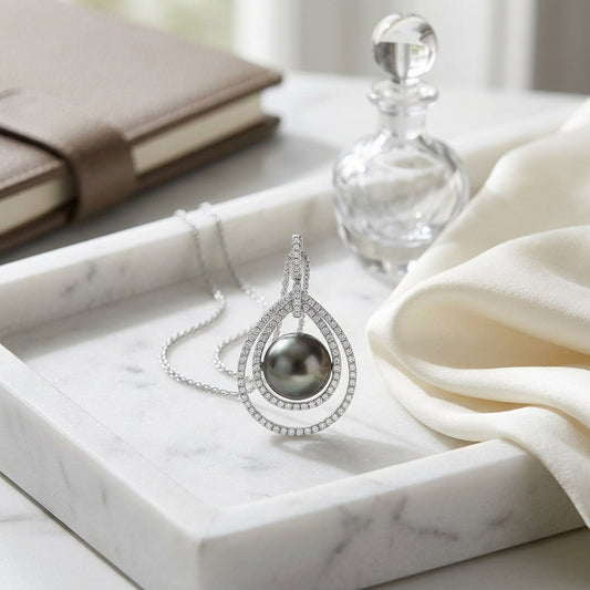 Black Tahitian Pearl & Diamond Pendant In 14k White Gold — atelier still life