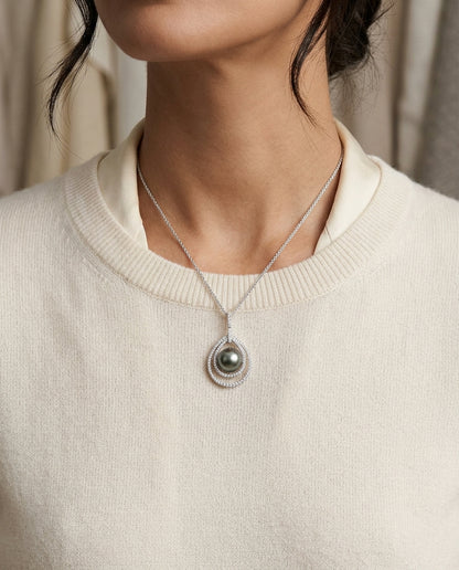 Black Tahitian Pearl & Diamond Pendant In 14k White Gold — editorial close-up