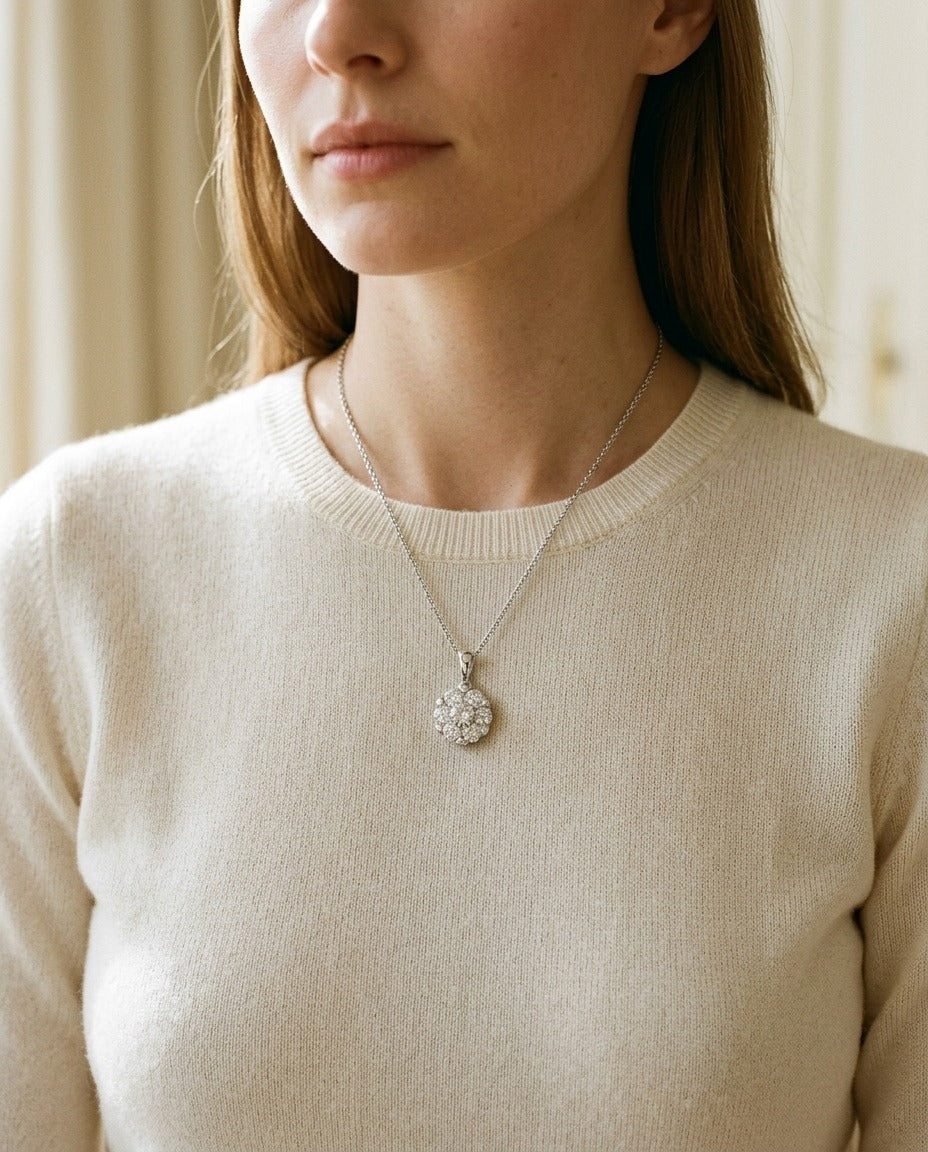 Diamond Cluster Solitaire Style Pendant In 14k White Gold — portrait close