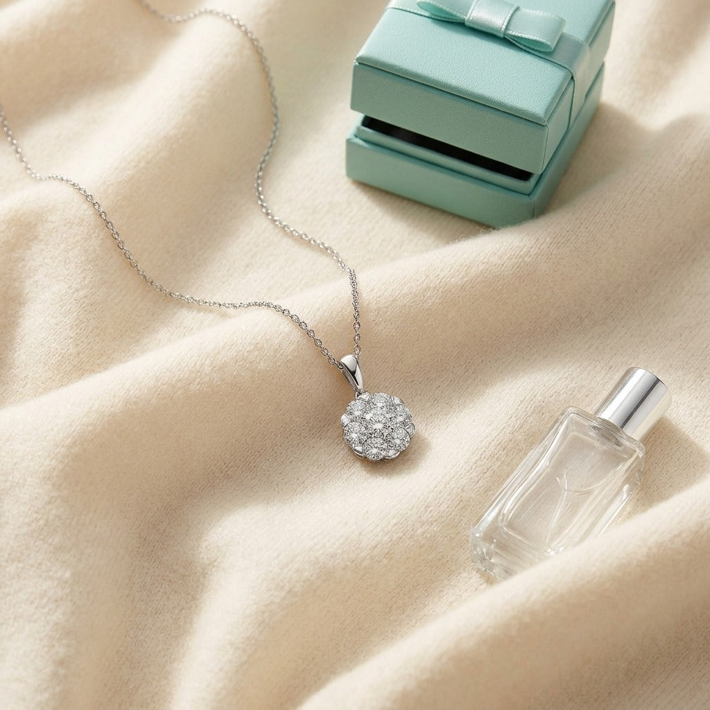 Diamond Cluster Solitaire Style Pendant In 14k White Gold — textile flat lay