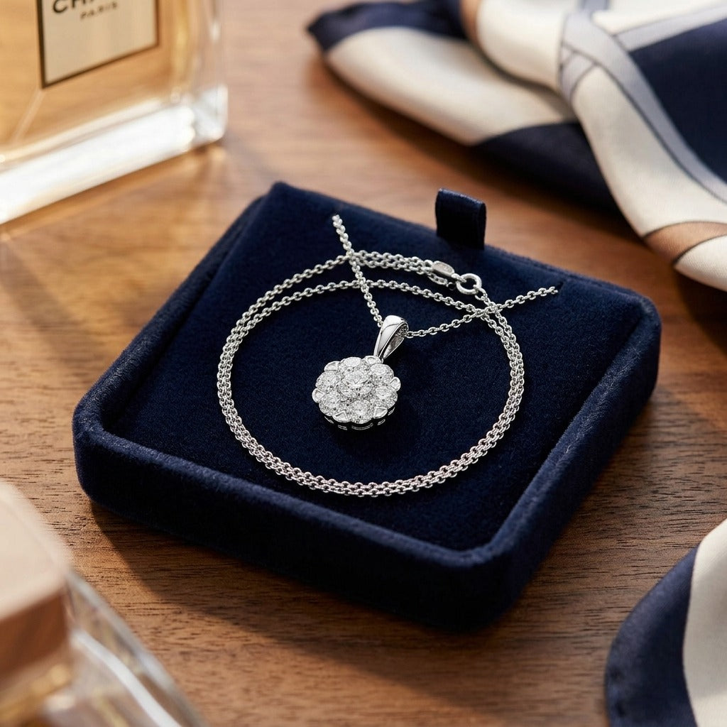 Diamond Cluster Solitaire Style Pendant In 14k White Gold — velvet box