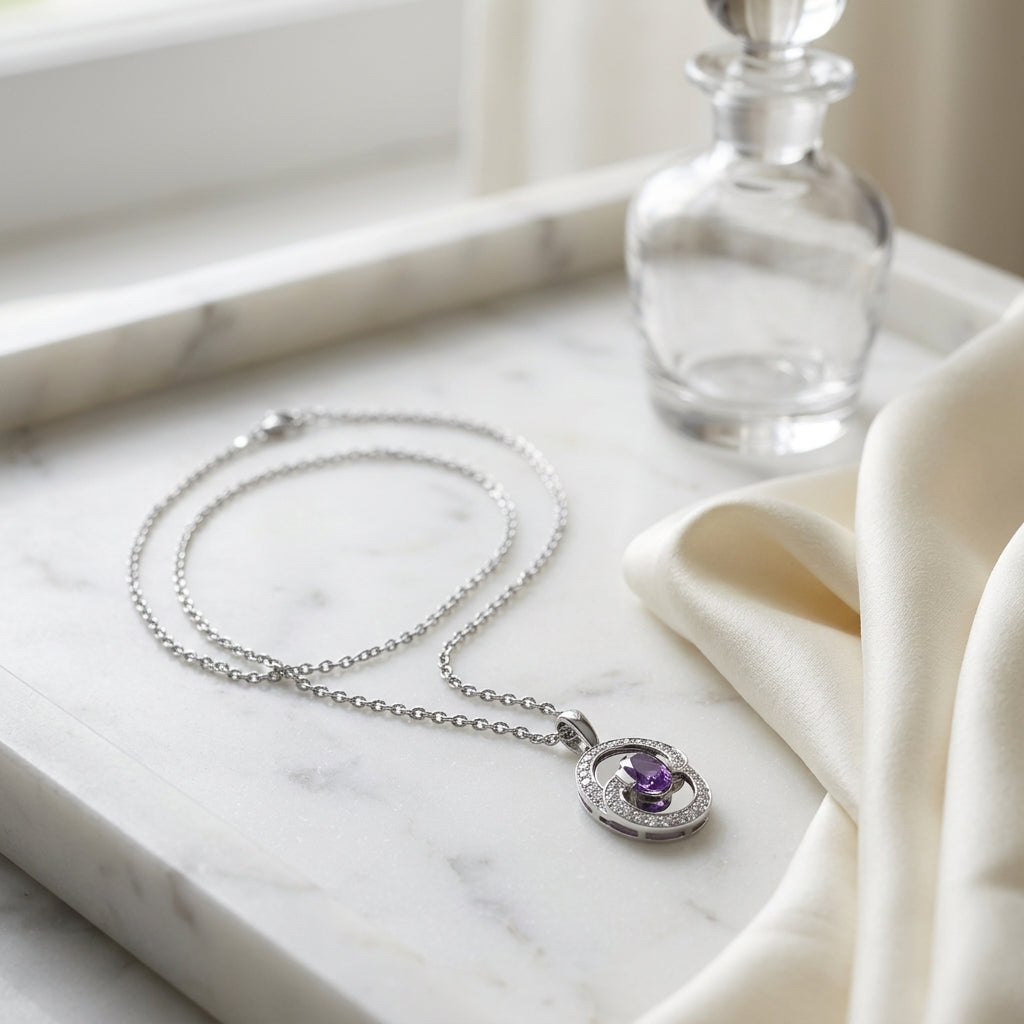 Amethyst And Diamond Oval Swirl Pendant In 14k White Gold (17-in Curb Chain) — atelier still life