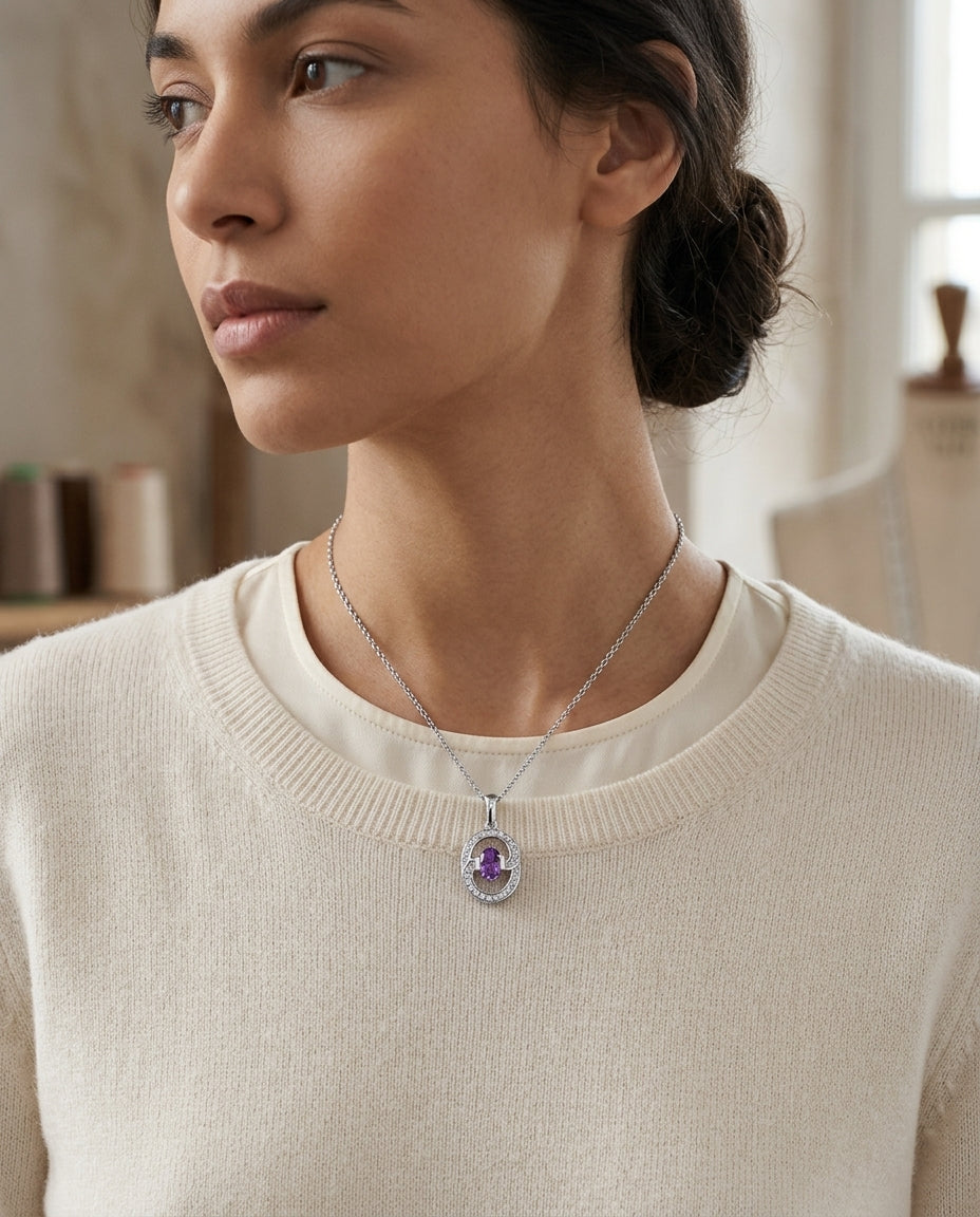 Amethyst And Diamond Oval Swirl Pendant In 14k White Gold (17-in Curb Chain) — editorial close-up
