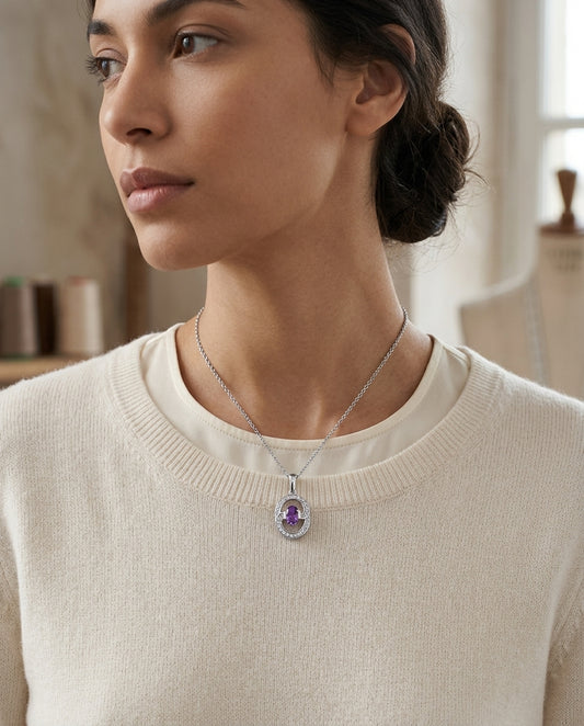 Amethyst And Diamond Oval Swirl Pendant In 14k White Gold (17-in Curb Chain) — editorial close-up