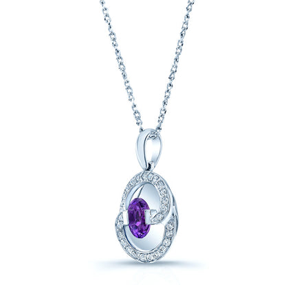 Amethyst And Diamond Oval Swirl Pendant In 14k White Gold (17-in Curb Chain)