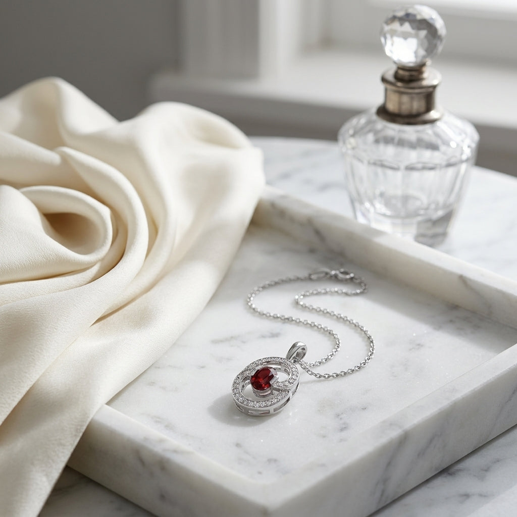 Garnet And Diamond Oval Swirl Pendant In 14k White Gold (17-in Curb Chain) — atelier still life