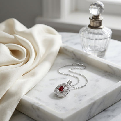Garnet And Diamond Oval Swirl Pendant In 14k White Gold (17-in Curb Chain) — atelier still life