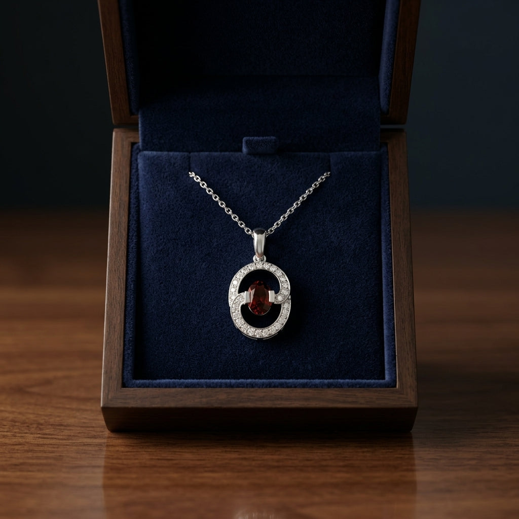 Garnet And Diamond Oval Swirl Pendant In 14k White Gold (17-in Curb Chain) — gift presentation