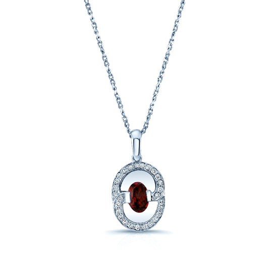 Garnet And Diamond Oval Swirl Pendant In 14k White Gold (17-in Curb Chain)