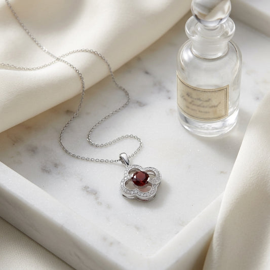 Garnet And Diamond Clover Pendant In 14k White Gold (17-in Curb Chain) — atelier still life