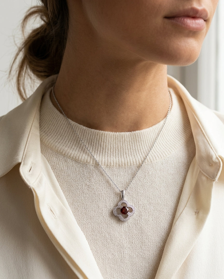 Garnet And Diamond Clover Pendant In 14k White Gold (17-in Curb Chain) — editorial close-up