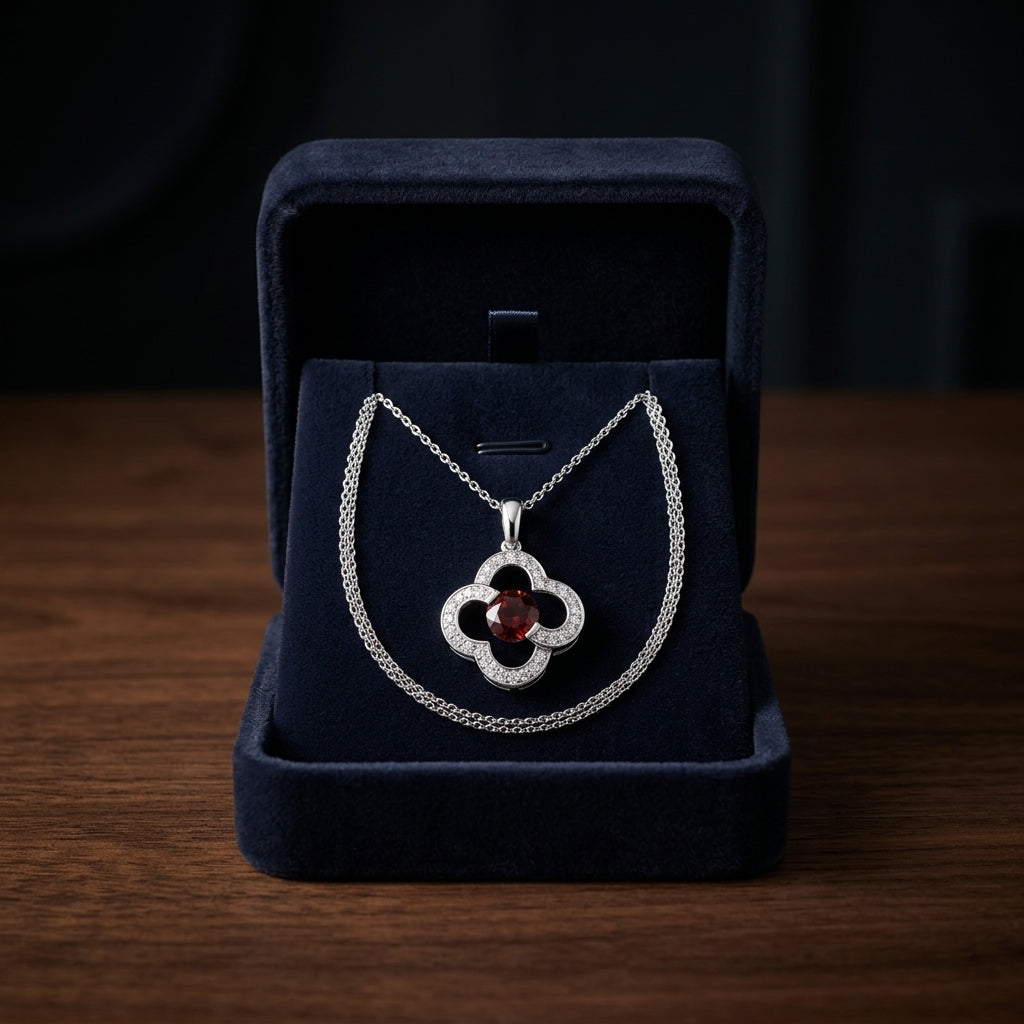 Garnet And Diamond Clover Pendant In 14k White Gold (17-in Curb Chain) — gift presentation